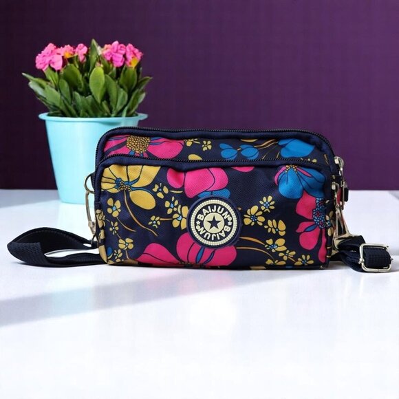 π Colorful Floral Nylon Summer Crossbody Mini Belt Bag | 3 Zippered Pockets - Picture 9 of 12
